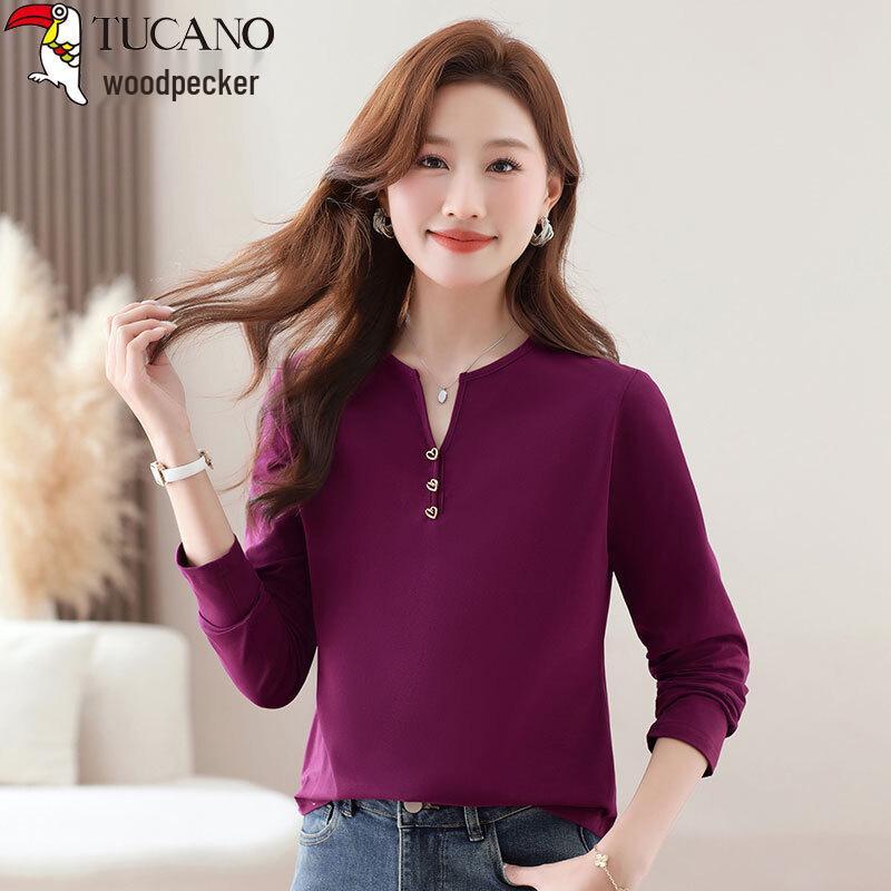 Women's Plus Size V-Neck Long-Sleeve Cotton T-Shirt