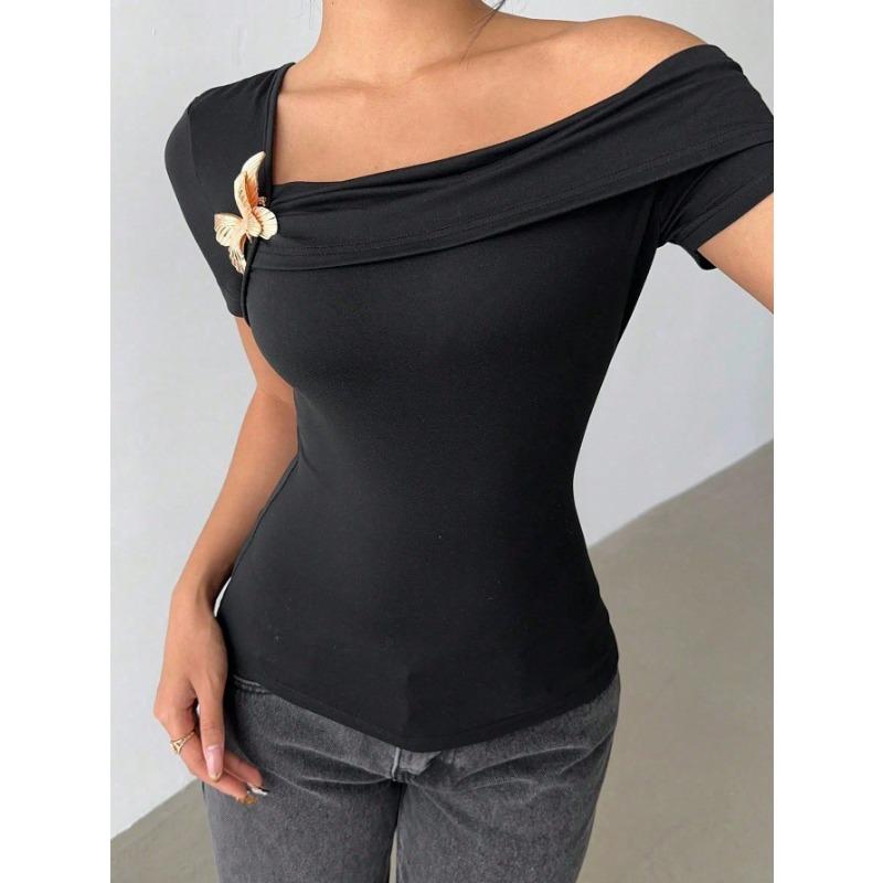 2025 Women's Elegant Simple Sloped Shoulder Top Women's T-Shirt