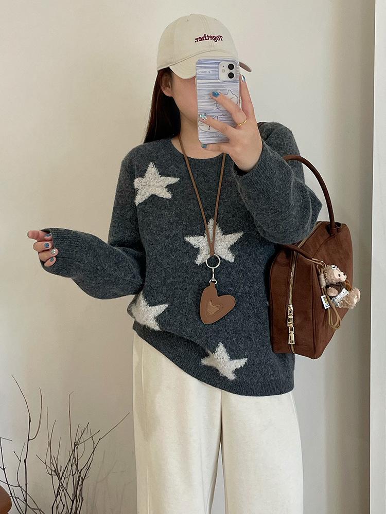 Plus Size Women's Star Embroidered Color Block Sweater - Winter 2025, Loose Knitwear for Chubby Girls