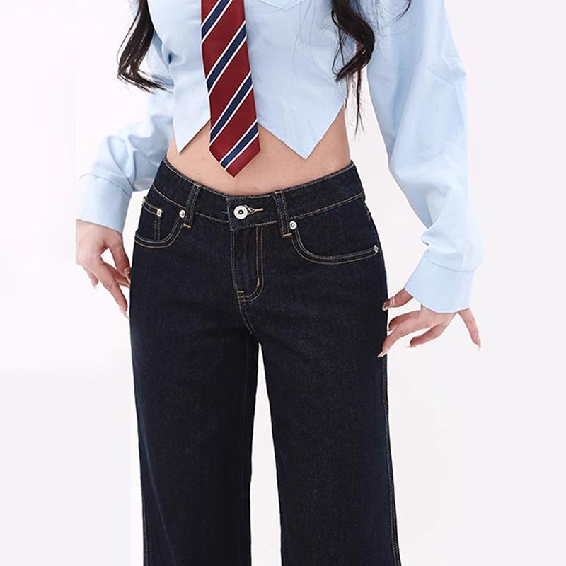 Autumn and winter new American dark blue micro-pull jeans women's loose large size fat mm horseshoe horn pants