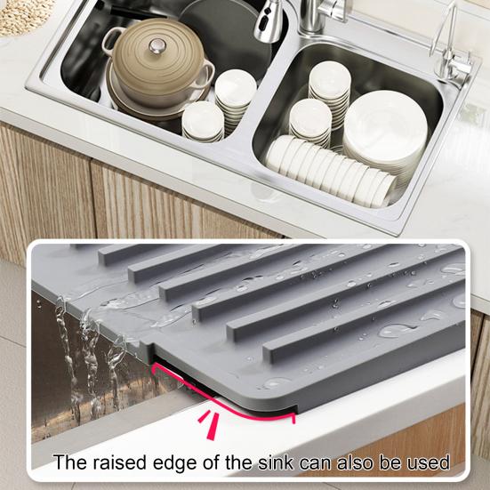 Sink Drain Mat Non-Slip Surface Large Size Thick Silicone Heat Resistant Flexible Cutlery Holder with Slope Drainage Design