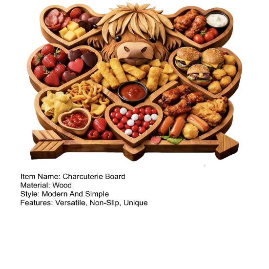 Highland Koe Charcuterieplank Rustieke Serveerplank met Compartimenten Houten Schaal voor Kaas Fruit Snacks Feest