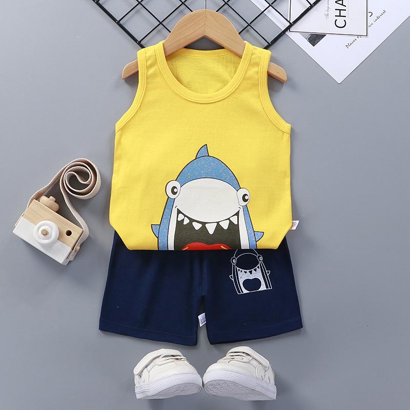 Summer Kids Non Sleeve O Neck Vest Pants Set Casual Baggy 2pcs Suit Cotton Cartoon Printes Outfit