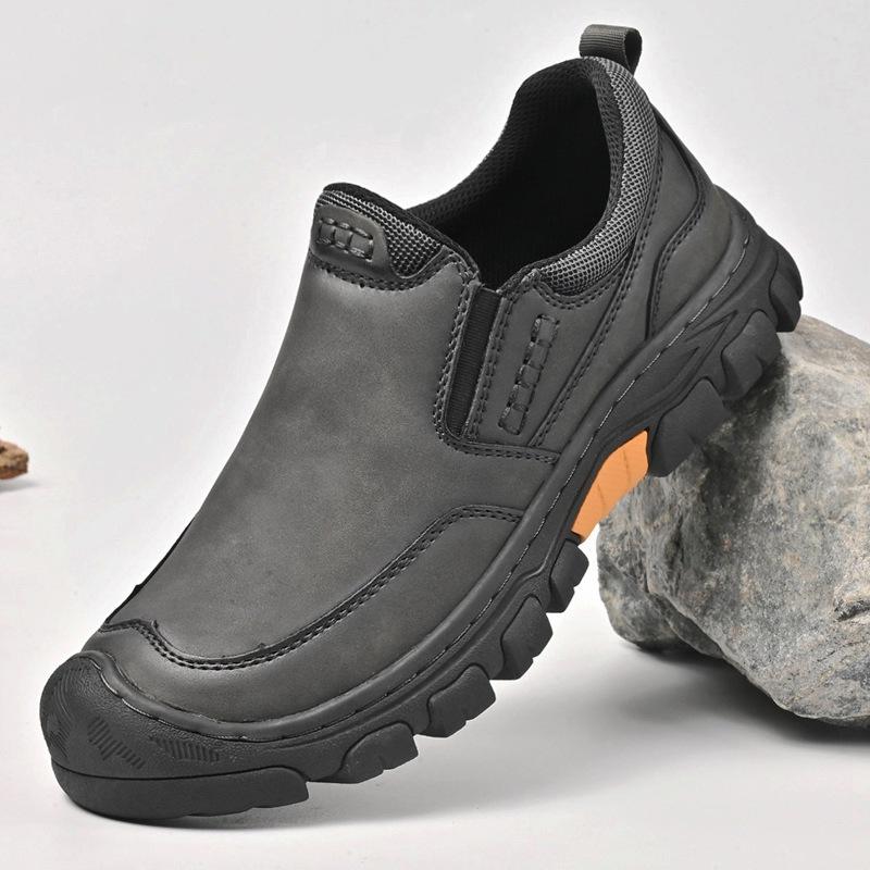 Men's Waterproof Slip On Faux Leather Hiking Shoes for Male Outdoor Non-Slip Walking Sneakers Casual Loafers Work Shoes Comfortable Short Boots