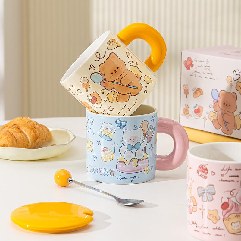 Butter Bear Ceramic Mug with Lid Office Couple Cup Birthday Gift Girl Cute Water Cup Household