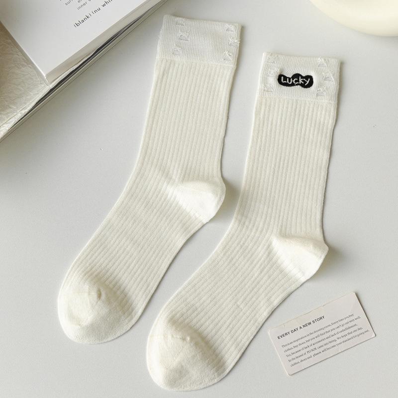 5/10 Pairs Casual Solid Color Socks for Women Spring Summer Mid Calf Cotton Socks Black and White Embroidered Casual College Style Long Socks