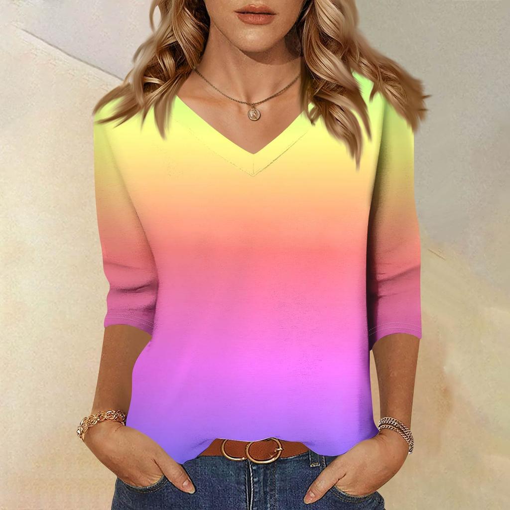 Women's Fashion Casual Three-quarter Sleeve Gradient Printed Round Neck Top