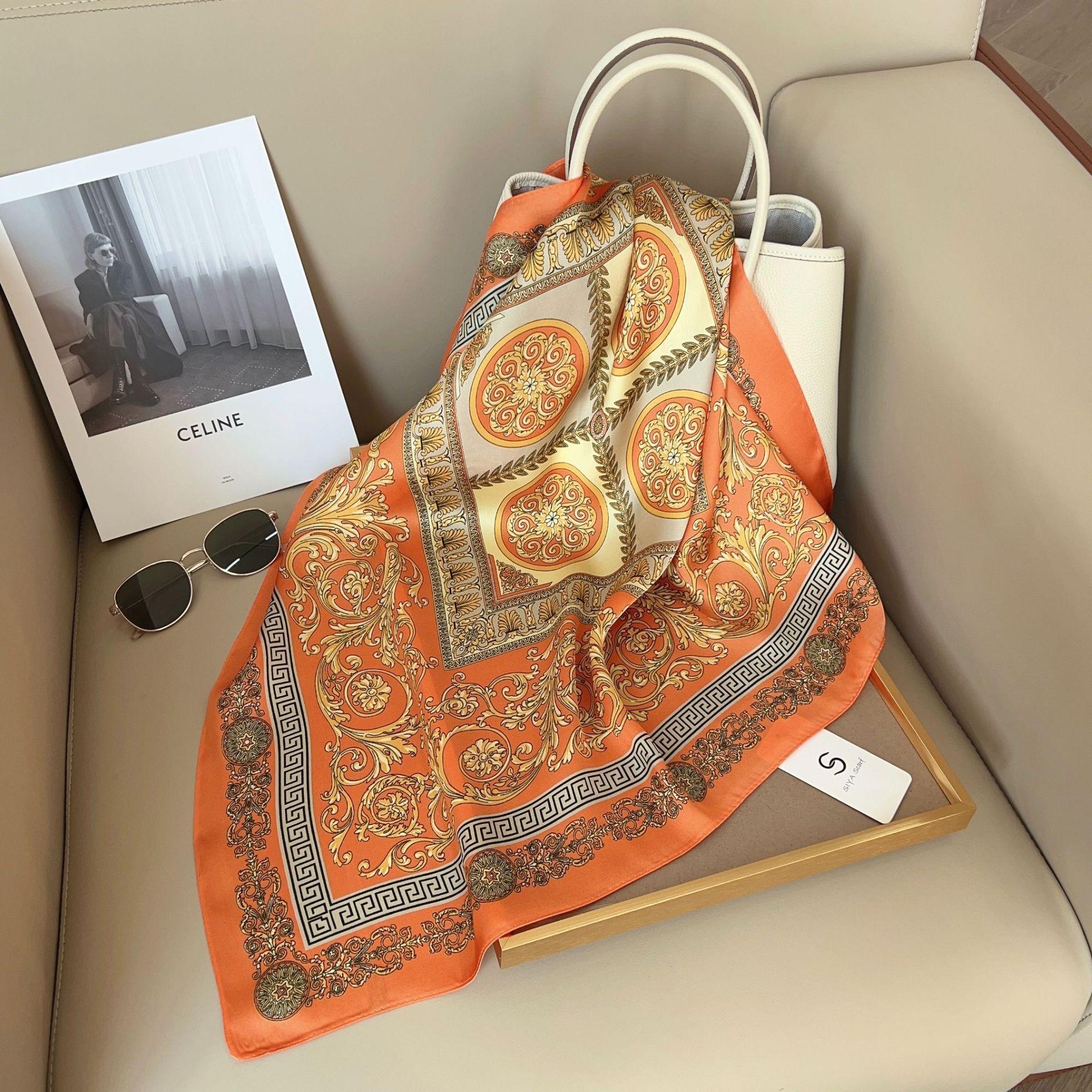 

Black and gold scarf women s spring and summer new cashew nut flower small square scarf fashionable retro imitation silk decorative silk scarf 70*70cm