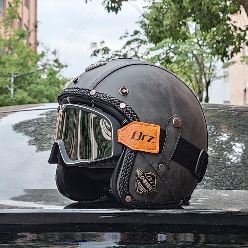 Retro Motorcycle Helmet PU Leather Open 3/4 Chopper Bicycle Helmet CapacetDOT Certification