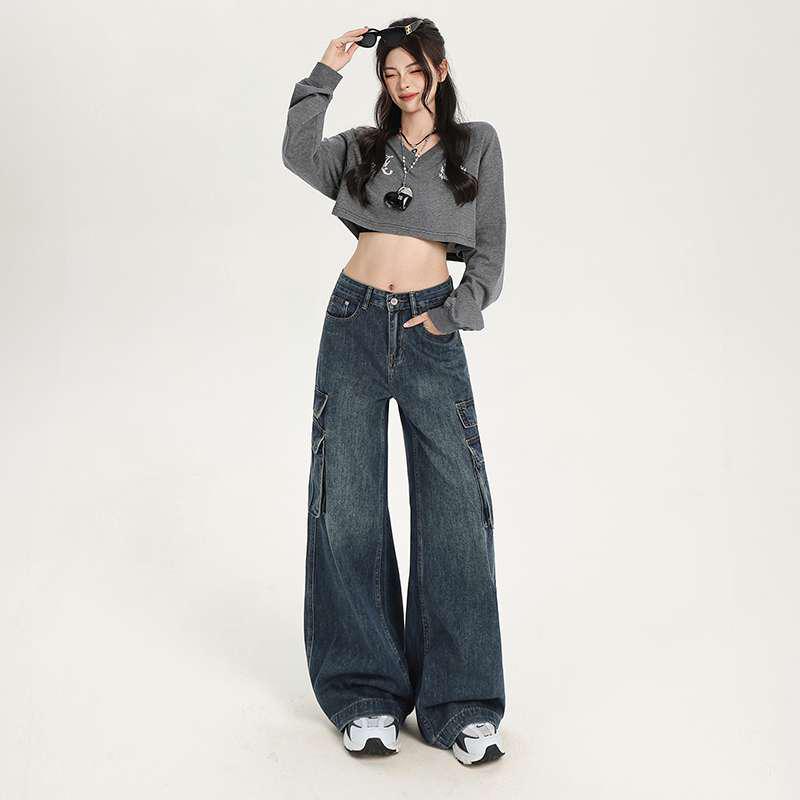 

Women s Retro Blue High Waist Cargo Jeans: Washed Wide-Leg Straight Pants Extra Large