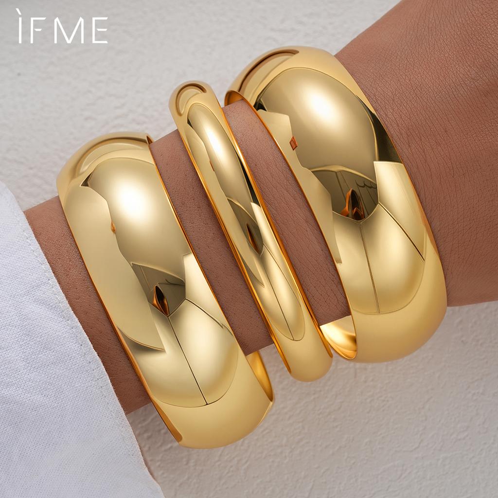 IF ME 3Pcs/Set Classic Geometric Wide Bangles for Women Geometric Smooth Gold Silver Color Chunky Bracelets Party Jewelry Accessories