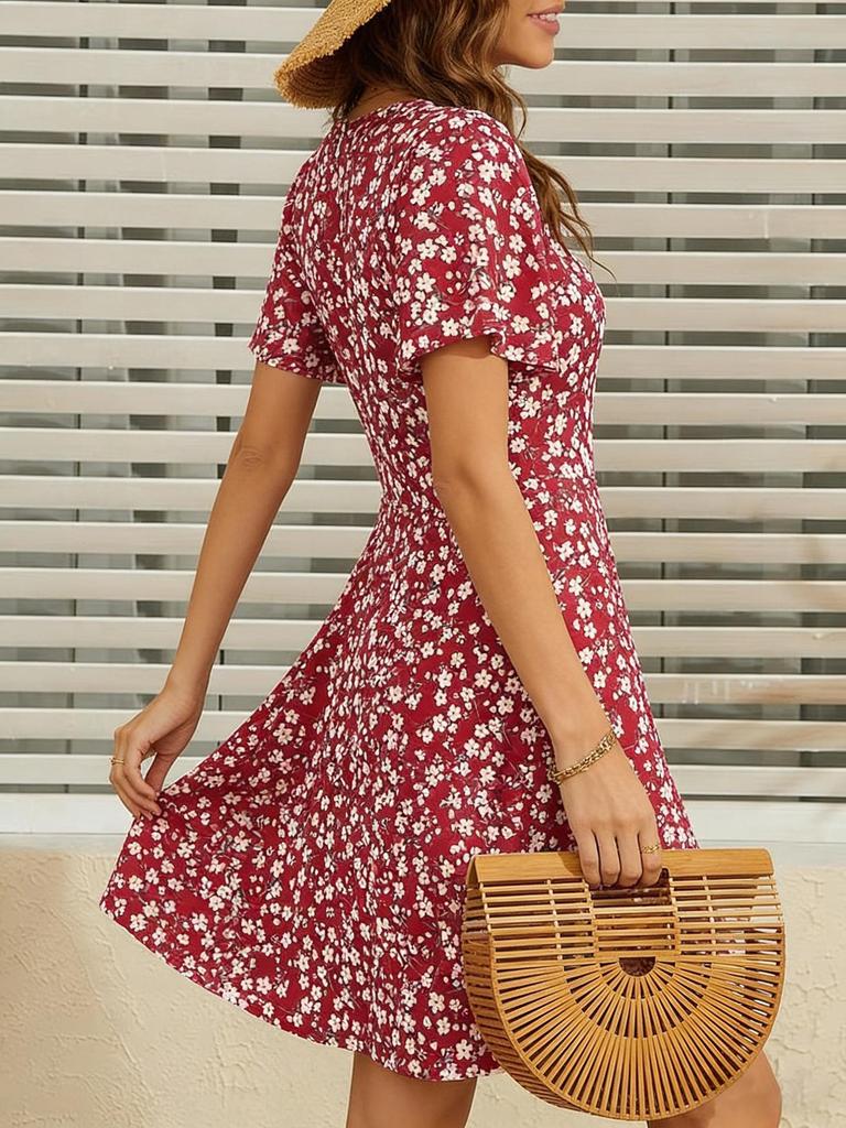 Women's Floral V-Neck A-Line Wrap Dress - Short Sleeve, Summer Style