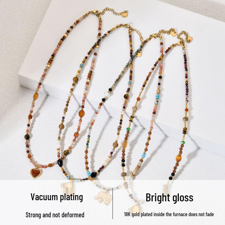 Elefanten-Anhänger-Halskette: Edelstahl, Naturstein, Handgefertigte Perlen, Retro Schlüsselbein-Kette