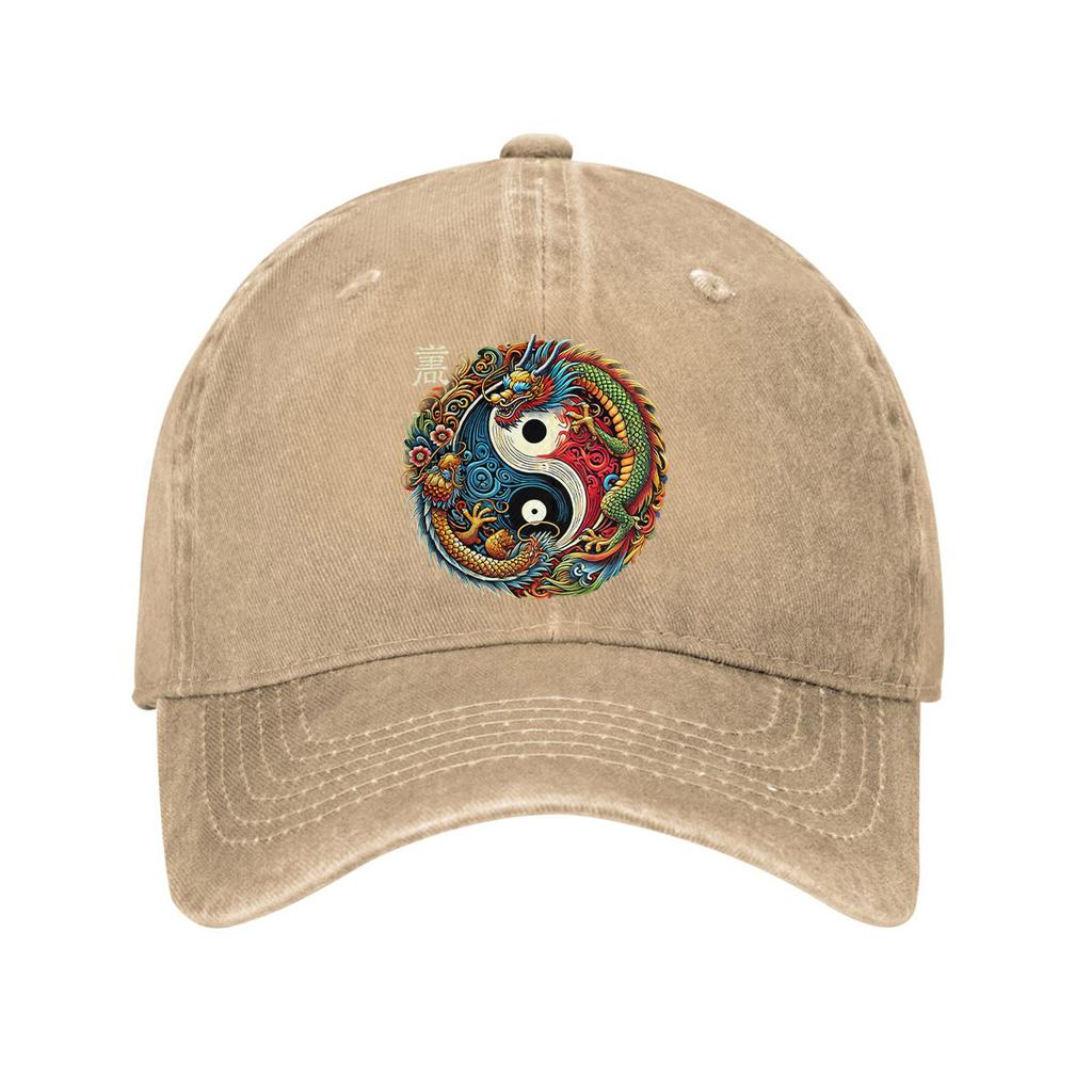 Yin Yang Dragon Baseball Cap Washed Denim Adjustable Unisex Casual Dad Hat