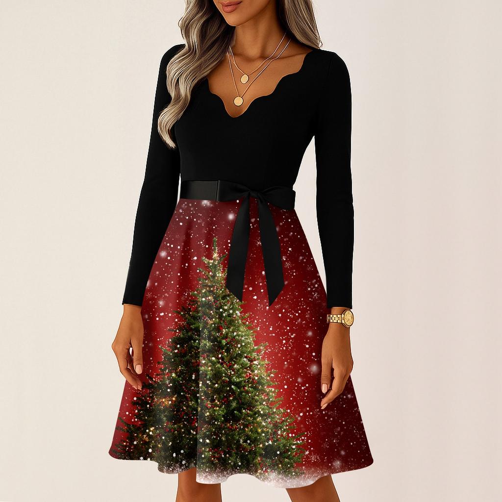 Women's Casual Fashion V Neck Long Sleeve Christmas Printed Party Vintage Long Dresses