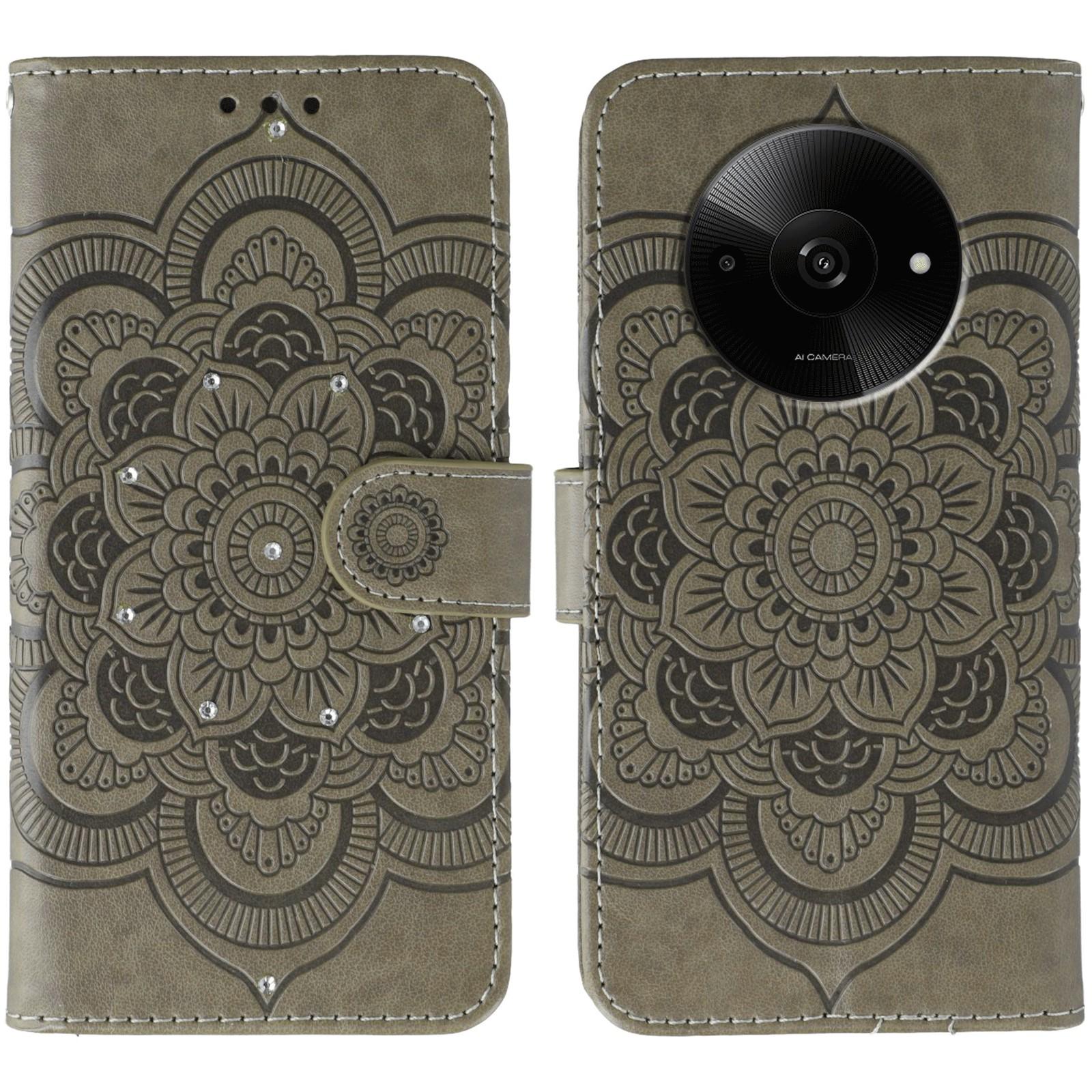 

Phone Case For Xiaomi Redmi A3 4G/A3x 4G/Poco C61 4G,Rhinestone Decor PU Leather Mandala Imprinted Design Cover with Wrist Strap Grey