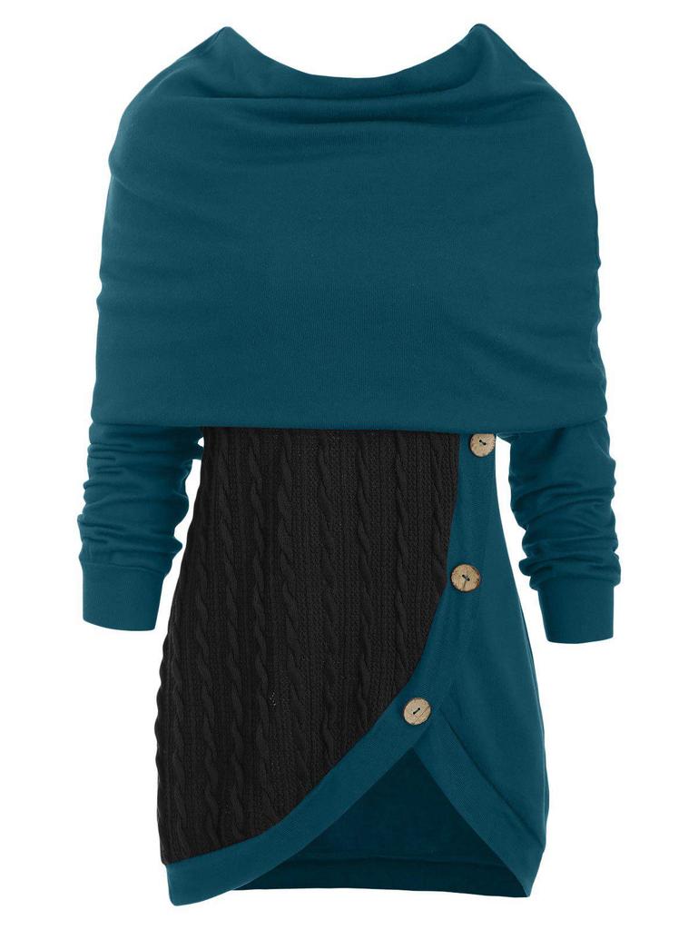 Women's Plus Size High Neck Hooded Knit Sweater with Button Detail