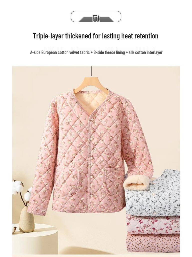 2025 Autumn/Winter Plus Velvet Thickened Cotton Jacket for Middle-Aged & Elderly Women – Warm Padded Outerwear