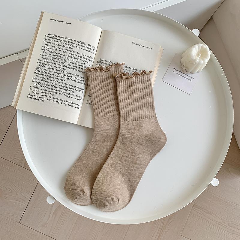 Autumn and Winter Socks for Women: Black Ear-trimmed Mid-calf Socks, Trendy and Versatile Lace Socks, Coffee-colored Pile Socks for Women