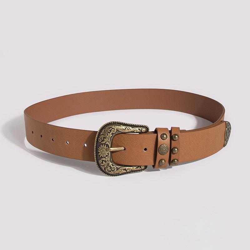 New Women's Retro Carved Western Buckle Double Ring Belt Fashionable and Versatile European and American Women's Belt