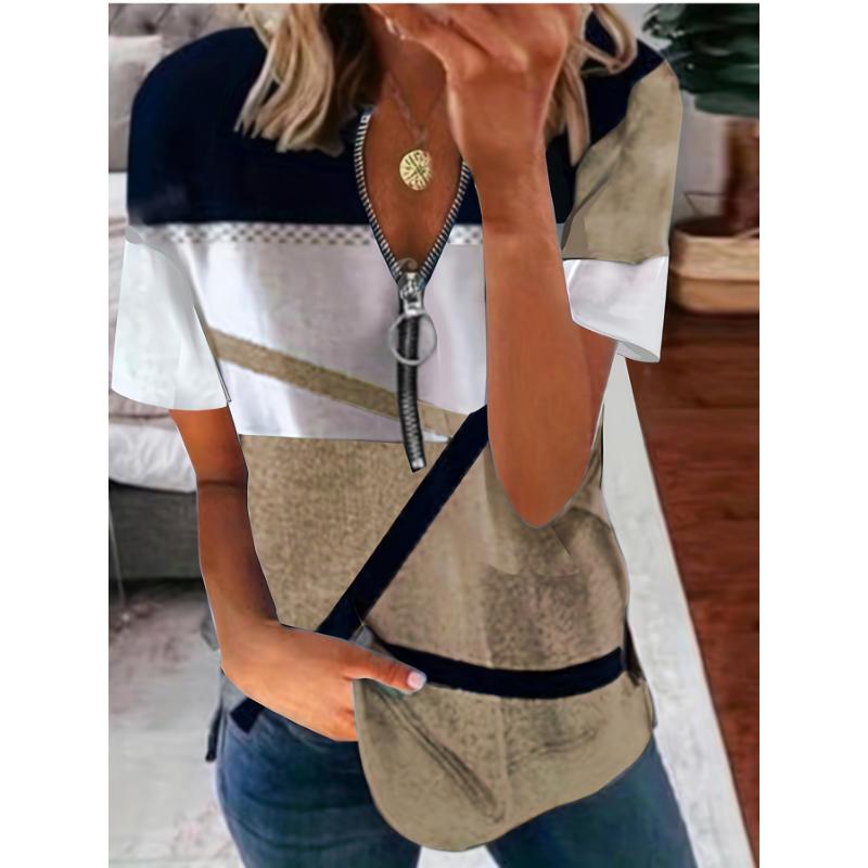 2026 Summer New Women's Zipper Printed Loose Short Sleeved T-shirt Top