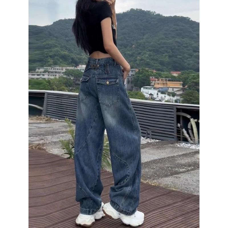 

Women s Plus Size Retro Scimitar Pocket Jeans - Loose, Straight Leg, Floor Length Pants for Autumn 4XL синій
