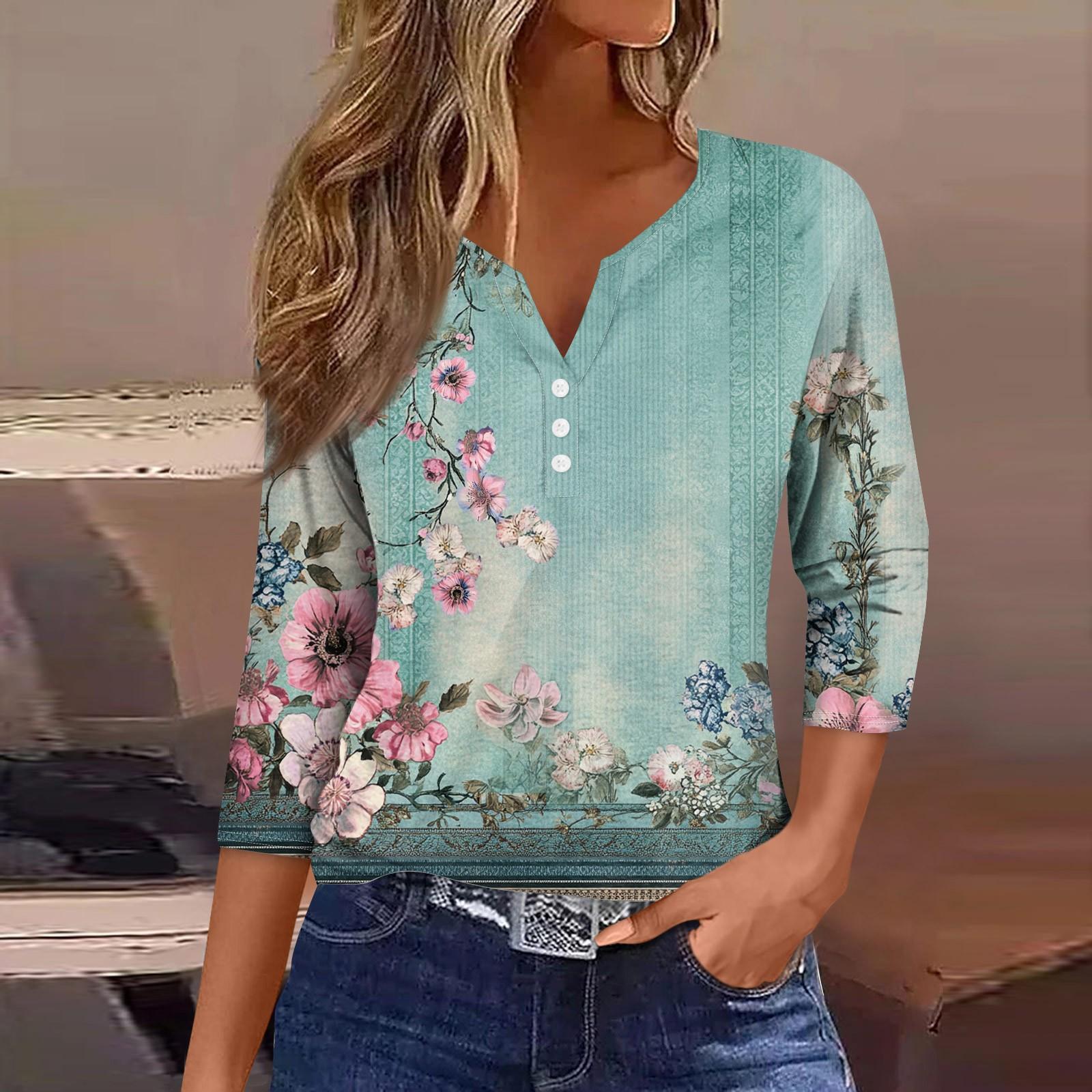 

Женский свободный повседневный топ с цветочным принтом и V-образным вырезом с рукавами семь четвертей Топ с V-образным вырезом и рукавами семь четвертей XL