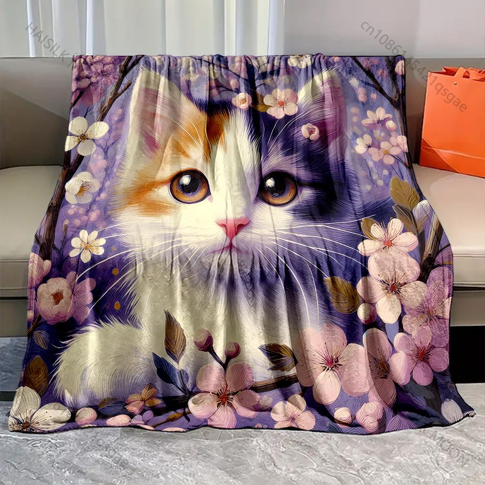 

Cat and Cherry Blossoms Print Blanket Warm Soft Luxury Gifts for Children Adults Suitable for Home Sofa Bed Travel Camping 75x90cm