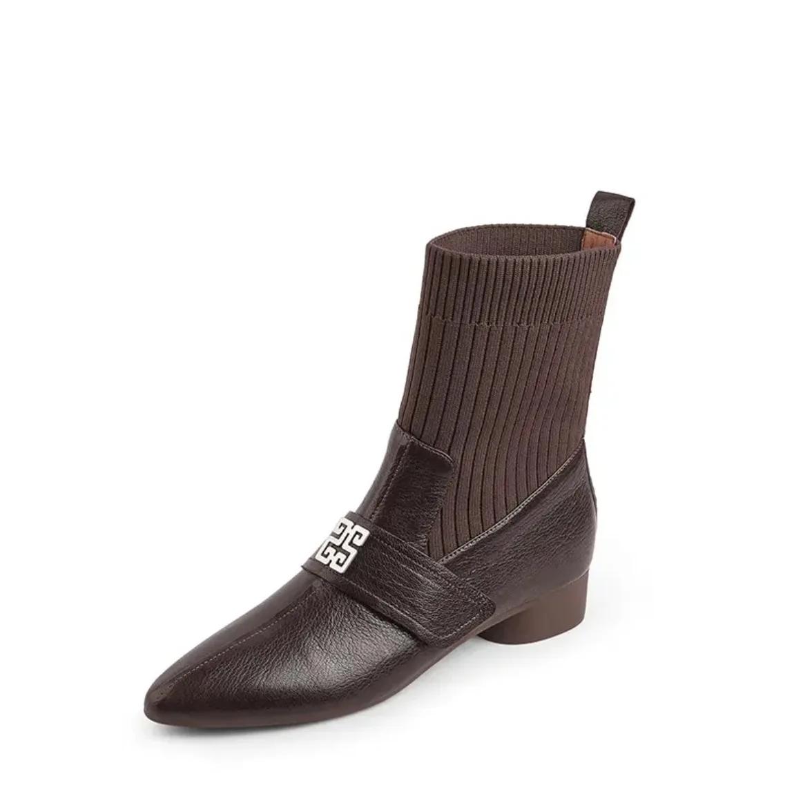 

Женские ботильоны на среднем каблуке с квадратным носком, вязаные, мягкие и удобные, дышащие, эластичные, новинка 2024 года, женская обувь 35 коричневый