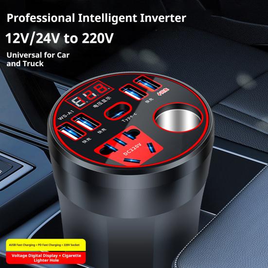 200W Car Power Inverter 4 USB 1 Type-C Ports with AC Outlet 12V To 220V Fast Charging Converter for Laptops Phones