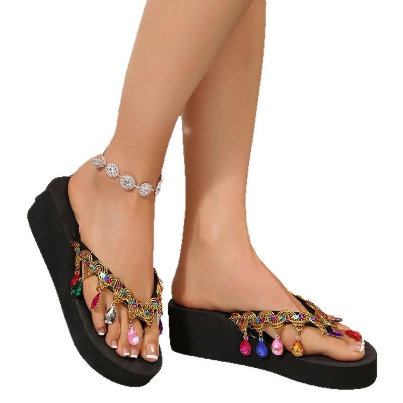 Summer Flip-flops Wedge Heels Rhinestone Sequins Woven Clip-on Shoes Thick-soled Flip-flops