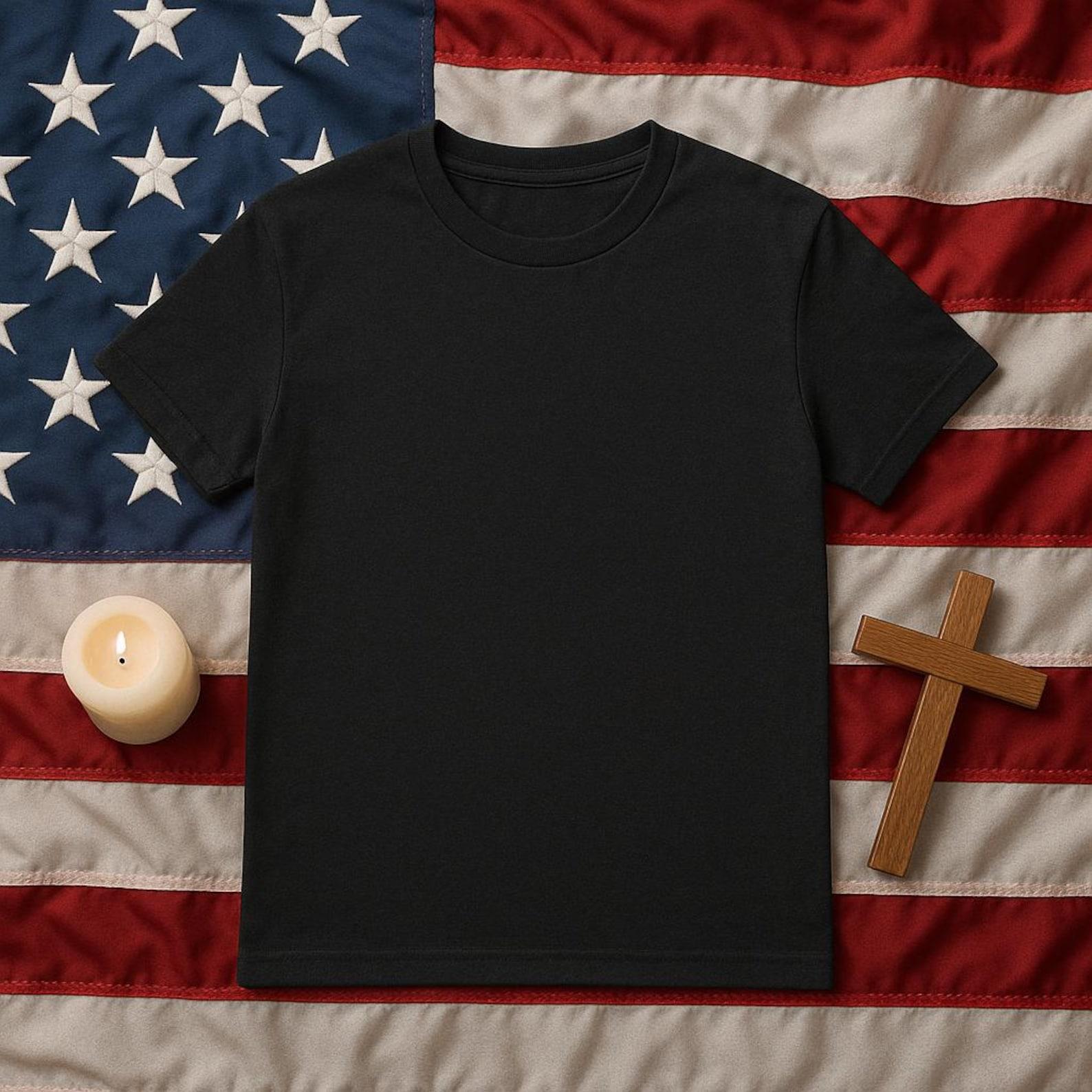Black T-Shirt Mockup With Religious Christian Theme And Patriotic US Flag S