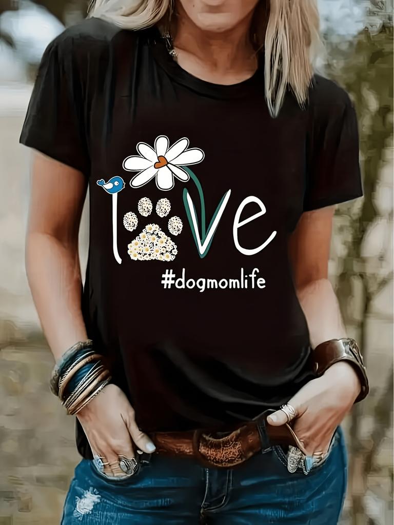 Dog Mom Life Pattern T Shirt Black Short Sleeve Round Neck Casual Top Daisy Flower And Paw Print Design Must Have for Spring And Summer Valentine's Da