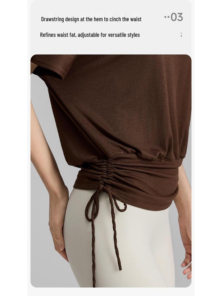 Women's V-neck Batwing Yoga T-shirt: Loose, Short Sleeve, Drawstring, Lazy Style for Spring/Summer 2026.