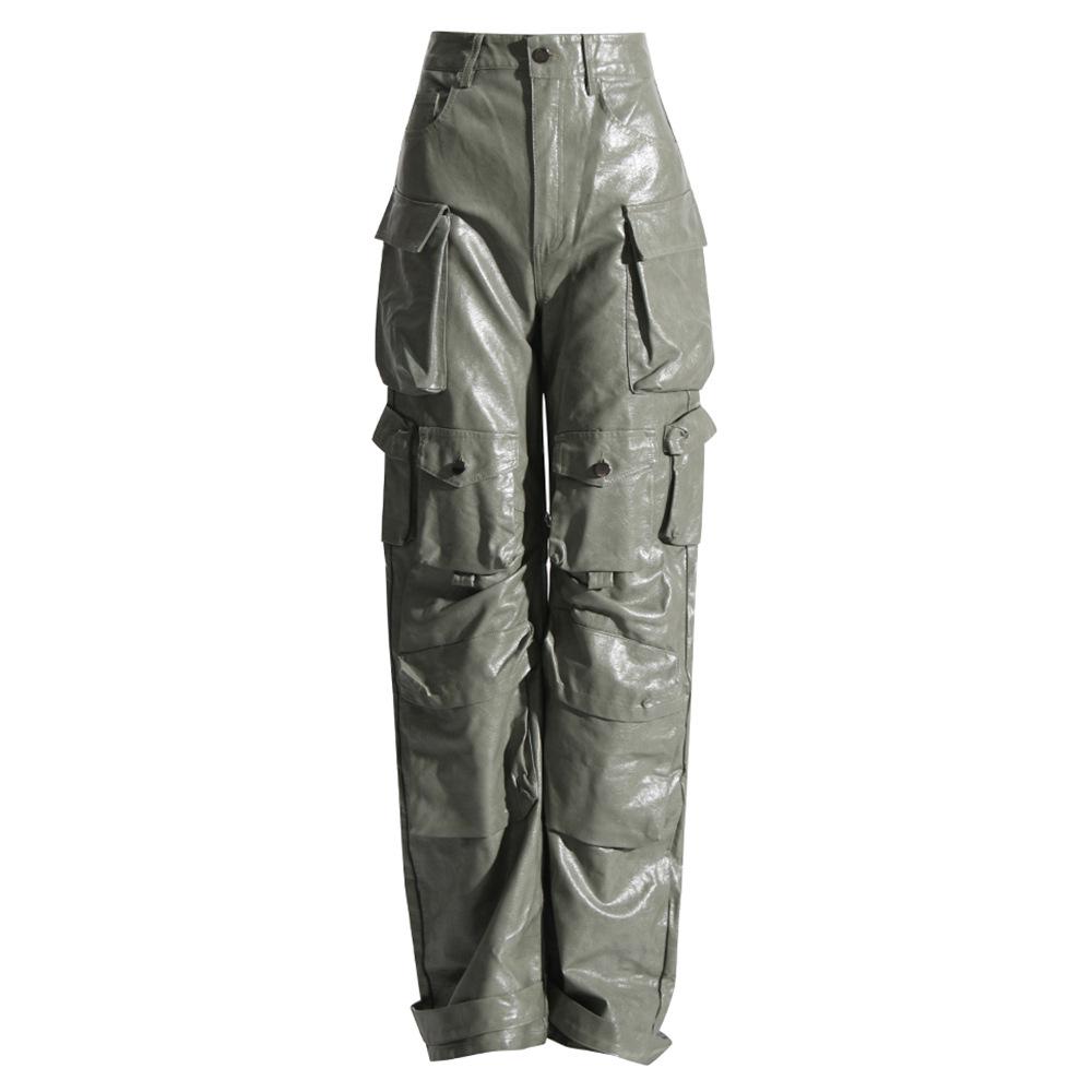 2026 Spring Women s Fashion Mid-Waist Multi-Pocket PU Leather Pants Large зелёный