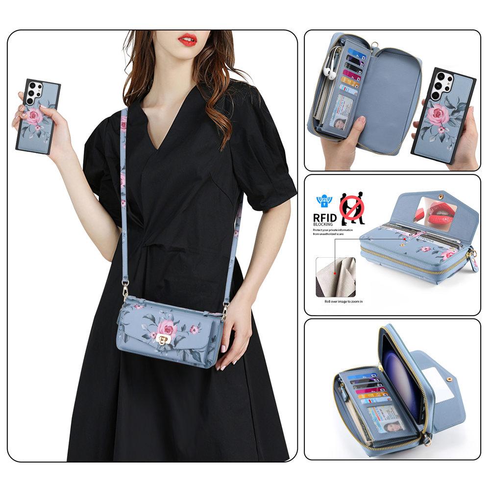 

Crossbody Flower Wallet Leather Case For Samsung Galaxy S25 S24 Ultra S23 S22 Note 20 Detachable Wristband Cards Phone Cover For Galaxy S25 Ultra