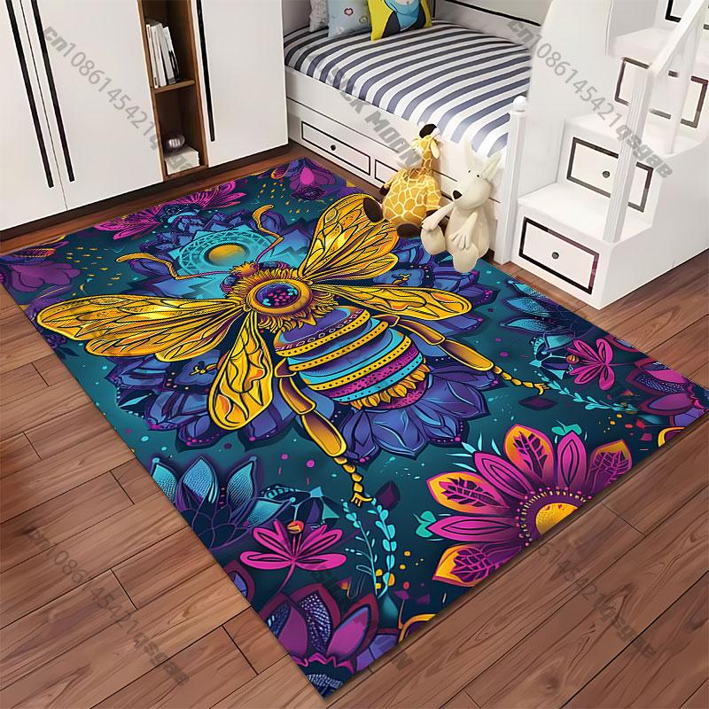 Vibrant bee surrounded by flowers carpet Yoga living room room decor children's crawling mat doormat area rug games mat