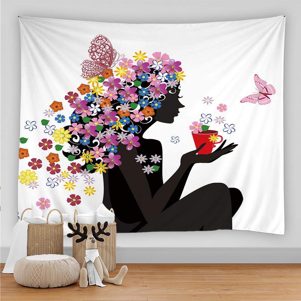 Мультфильм девушка настенный гобелен бабочка цветок мода искусство женский гобелен — фото 13