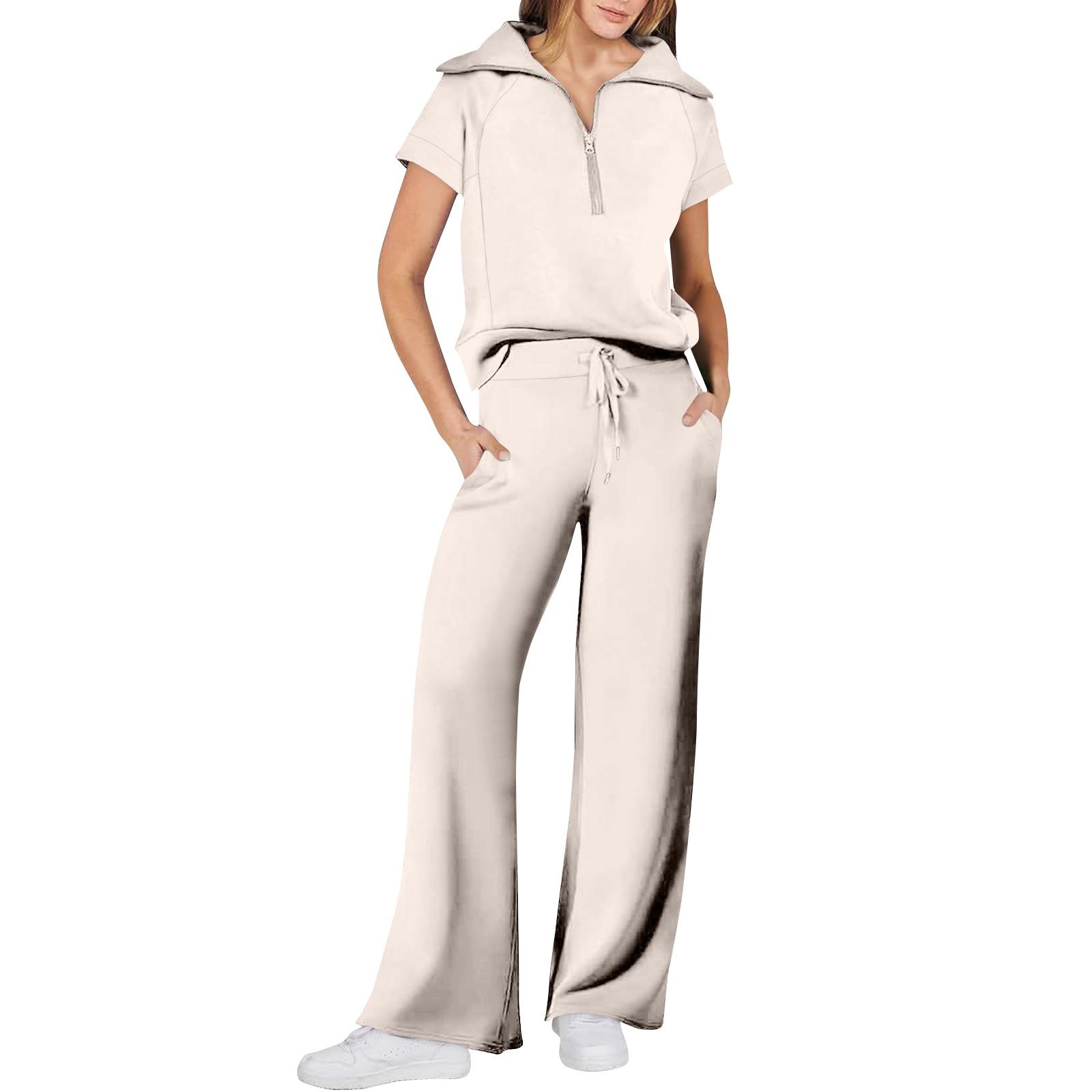 

Жіночі повсякденні спортивні штани з короткими рукавами Повсякденні світшоти на блискавці з короткими рукавами Широкі штани Спортивний костюм XL бежевий