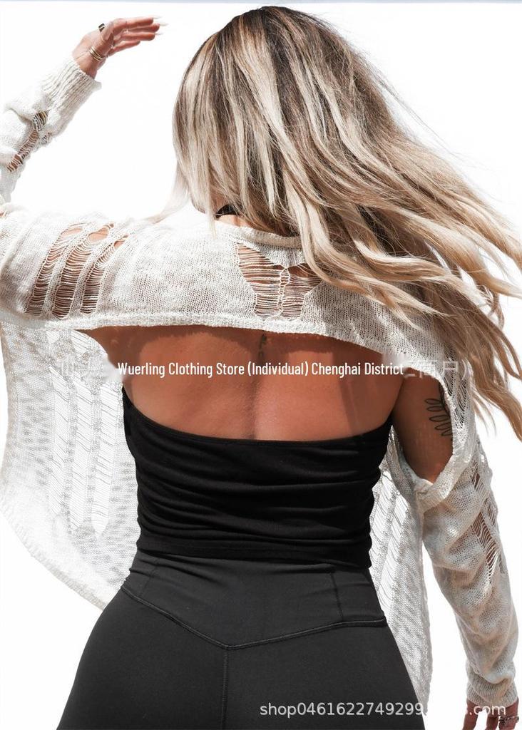 2026 Autumn European American Hip Hop Style Two-Way Knit Long Sleeve Ripped Sweater for Women