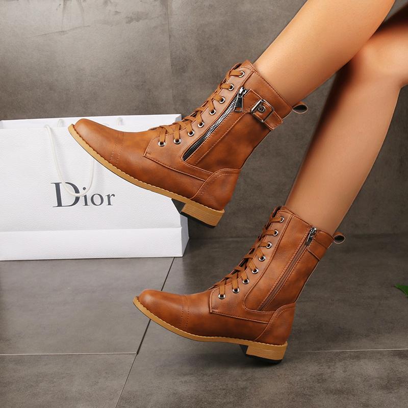 Women's Short Boots Platform Ladies Lace-Up Motorcycle Booties With Zip Plus Size Party Shoes