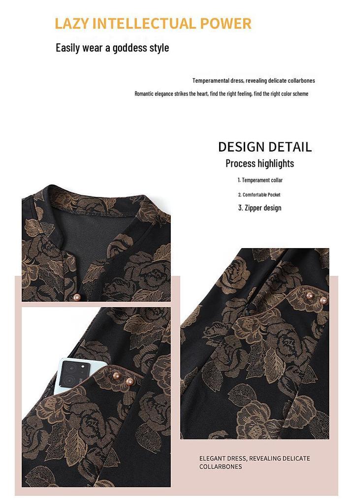 Elegant Plus Size Jacquard V-neck Dress for Middle-aged Women - Flattering, Slimming, and Long-sleeved for Spring and Fall