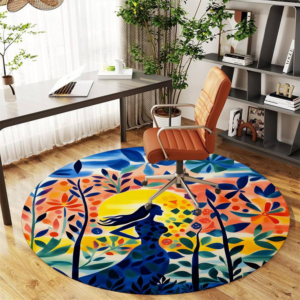 1pc Woman Forest Round Chair mat office Area Rug - Non-Slip, Floor Mat for Office, Bedroom, Ideal home decor gift p0105007