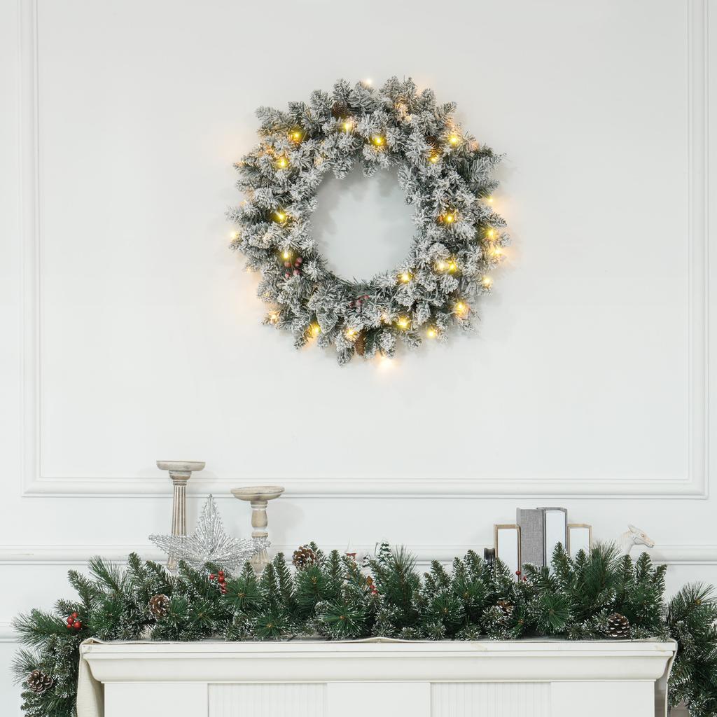 Artificial Christmas Door Wreath 60 CM with Pine Cones and Berry Clusters, LED Lights and Timer, Green