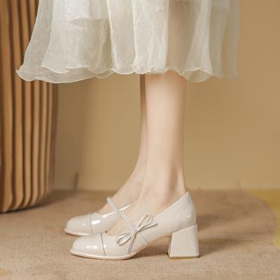 Women's High Heels Thick Heel Bow Jane Pearl Mary Jane Shallow Mouth Single Shoe Women