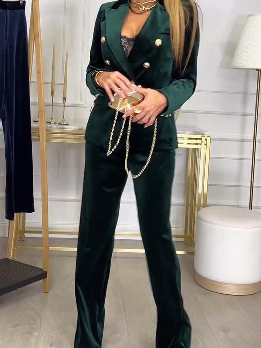 

New Autumn/Winter Women s Bestseller Fashion Double-Buckle Velvet Two-Piece Suit XXXL зелений