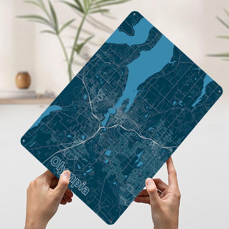 Olympia City Map Tin Plaque Poster Customized Wall Art Retro Vintage Metal Signs for Man Cave Bedroom Decoration Room Decor Men