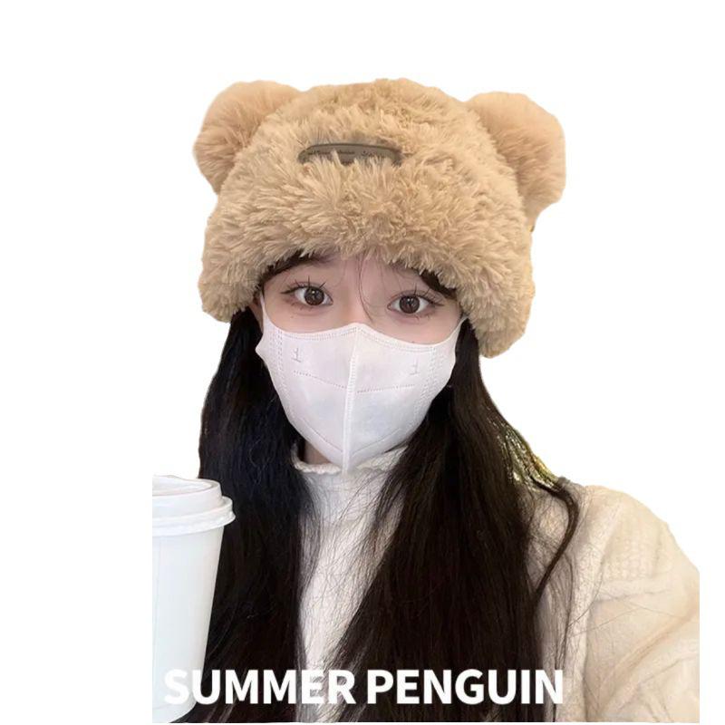Women's Soft Bear Ear Plush Hat - Large Head Fit, Autumn/Winter Warmth, Sweet Loose Style, Ear Protection
