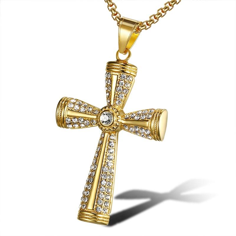 Religious Iced Out Bling Jesus Cross Pendants Gold Color Stainless Steel Zirconia Christian Necklaces For Women Men Jewelry