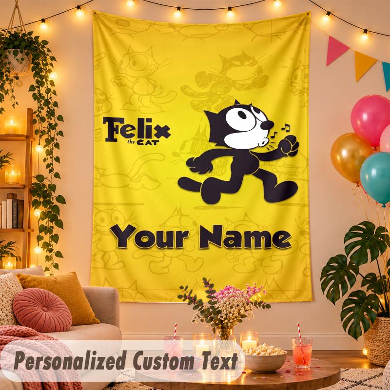Felix the Cat Personalized Wall Tapestry Custom Name Text Polyester Hanging Decor Home Room